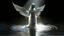 Placeholder: The water is depicted in a light, almost translucent manner with a gentle ripple effect, reflecting the light in a way that creates a shimmering effect. The water appears to be shallow, with a smooth surface that transitions from a lighter shade at the top to a slightly darker shade towards the bottom. The angel has a slender, elongated body with a smooth, flowing form. It is adorned in a flowing, purple robe that drapes elegantly around its form. The angel's head is slightly tilted upwards, and