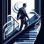 Placeholder: generate a detailed illustration of a businessman climbing stairs, focus on navy blue, black and white colors.