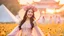 Placeholder: A gorgeous smiling Asian model in a fairy outfit in a field of flowers at sunset a crystal castle at background