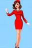 Placeholder: pin-up style realistic cartoon of 50 year old brunette stewardess in short and tight red uniform dress with very red lips and long eyelashes