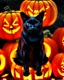 Placeholder: black cat on Halloween dancing with pumpkins in the photo of the starry sky