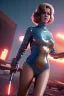 Placeholder: retro sci-fi press image, supermarket explosions from 1960, sweet young Jane Fonda, tight latex suit, weapon, fighting stance, soft color, highly detailed, unreal engine 5, ray tracing, RTX, lumen lighting, ultra detail, volumetric lighting, 3d, finely drawn, high definition, high resolution.