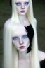 Placeholder: A beautiful young woman with long white hair and blue eyes, pale skin with opal freckles. Wearing a black dress