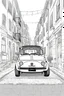 Placeholder: outline art for an adults coloring page, Fiat 500 in an Urban Alleyway , white background, detailed sketch style, no color , only use outline, clean art , white background, no shadows and clear well outlined,