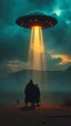 Placeholder: Bosch painting style nightmare , 3D ,a group of men in black led by ufo on the ground in a dramatic misty scene of the sunset time in a stormy weather in the desert background, high Quality picture , 8k