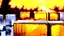 Placeholder: Grayscale abstract sculpture park, art style watercolor painting, metal smooth abstract shapes in distance, glass cubes with vivid dark amber glass in foreground, soft golden hour lighting