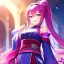 Placeholder: girl, masterpiece, best quality, volumetric lighting, detailed outfit, perfect eyes, long hair, fuchsia hair, fuchsia eyes, laughing, obi, ponytail,