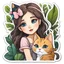 Placeholder: very beautiful sticker like realistic cartoon girl with cat