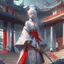 Placeholder: UHD, hd, 8k, oil painting, hyperrealism, Very detailed, zoomed out view, full character in view, white hair female demon character wearing a hanbok with a white top and long red bottom, she holds a katana in her right hand, she stands in front of a Japanese style palace digital art, anime, full details