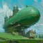 Placeholder: A mint colored stronghold on an airship painted by Claude Monet