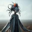 Placeholder: Stunning, surreal, biomechanical entity, ornate, flowing robes, intricately detailed, merging with surroundings, headpiece, masterpiece of organic and mechanical design, art deco-inspired forms, alien, elegant, glowing orange-red orb, pulsing with life, metallic silver-white and dark gray tones, flowing, draped fabric textures, cascading downwards, misty field, vast, open space, natural light, softly illuminating, intricate textures, highlights, alien craftsmanship, tranquil, enigmatic atmospher