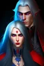 Placeholder: A couple, from the dnd game curse of Strahd. The woman has long white hair and blue eyes, the man has LONG BLACK hair and red eyes, no facial hair. He is standing protectively behind her.