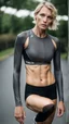 Placeholder: photography of a beautiful anorexic woman, grey satin triathlon top, sports illustrated, blond short wavy bob haircut, pronounced sternum, flat chest, anthracite cycling leggins