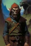 Placeholder: 1970's dark fantasy cover dnd style oil painting of an orge with a half head hobo like hero with sport outfits with minimalist far perspective. Magazine.