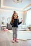 Placeholder: a 3 years old girl with curvy long hair in modern clothing and makeup standing pose with cute and joy with pertty shoes in a very large luxury baby bedroom