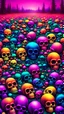 Placeholder: a field of 1000s of psychedelic psilocybin induced anatomically correct, skulls, vivid RANDOM BRIGHT neon colors, dark comedy, well lit, high detail, photorealistic, horrorcore, fun, scary, none featured, each a different color or hue,
