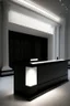 Placeholder: Museum reception desk with black walls, white floor, and hidden or rich lighting