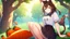 Placeholder: 1girl, sitting, animal ear, tree, carrot, brown bunny ears, brown bunny tail, animal tail, short blue skirt, long brown hair, white shirt,