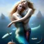 Placeholder: A beautiful portrait of a fusion of Scarlett Johansson and Elle fanning as a mermaid , leaning on a ships deck ,Rough sea in the background, a shark,snails, seashells (digitall art by Eugene de Blaas and Ross Tran, vibrant color scheme, highly detailed, in the style of romanticism, cinematic, artstation best quality, realistic lighting, masterpiece portrait, details light dusting , cowboy shot from above, simple chain hauberk Vector art digital illustration 3D shading )