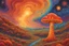 Placeholder: cosmic mushroom galaxy in a psychedelic orange, red, and yellow color palette in the illustrated style of alex grey