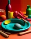 Placeholder: Бутылка, чашка, блюдо, вилка, ножик, созданные в стиле сюрреализма, вылепленные из цветного яркого пластилина, лежит на однотонном фоне стола. Рядом такая же странный чехол-коробка.