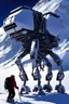 Placeholder: a sleek mechanical walker with eight legs scaling a very steep snow covered side of mout everest at night, it has a smooth surface, it has storage pods on its belly and humans can fit in the pods