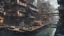 Placeholder: Water-level view of buildings made of reused dirty rusty metal on a futuristic canal junction, cyberpunk, many painted colours, flying boats, balconies, bridges, people, shopping, eating, walking, fifth element, ghost in the shell, altered carbon