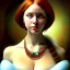 Placeholder: oil Portrait of a redhead beautiful busty voluptous adult woman with emeralds necklace with big green sad eyes looking to viewer by GRANT WOOD Ingres 8k