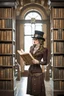 Placeholder: nice woman in hat reading a big old book in steampunk outfit, big windows, library, sharp focus, professional photo Professional photography, bokeh, natural lighting, canon lens, shot on dslr 64 megapixels sharp focus steampunk engine and things background