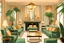 Placeholder: Inside an Art Deco living room with sofas, potted palms, with mirrors and brass sconces, incandescent, gleaming