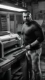 Placeholder: robust muscular turkish chubby 35 year old man in tracksuit, short beard, shirtless, printer in an old printing house, next to a huge old printer, dim light, side light, ambient occlusion