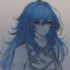 Placeholder: Clear focus, High resolution, rough line sketch art, blue hair, fluffy hair, between eyes, red eyes, no light in eyes