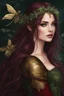 Placeholder: Burgundy hair, dark hair,dark red , rapunzel hair,very long hair,dark fairy princess,elven crown,night,dragonflies,beautiful,ong ashes,golden armor ,sparkle,night blooming,ivy,dark green,lilly of valley,golden elven crown