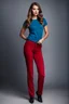 Placeholder: fullbody shot of young-beautiful-german girl-with-a-perfect-face-with-make-up-wearing- blue top and dark red pants standing , prophesional photography studio