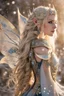 Placeholder: Elven princess,elven crown,long white blonde golden hair,rapunzel hair,ice flowers,beautiful,light blue,dark blue,golden armor,sparkle,glitter,ice flowers,snow,elven ears,dark fairy princess