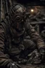 Placeholder: wide shot. extremely realistic film scene: in a post apocalyptic future: extremely detailed. punk, bdsm, style. creepy mask made of many materials, details. improvised, made of scrap and garbage, metal parts, hoses, belts, bags, nails. dirty, rusty, torn, patched. dystopian post-apocalyptic environment. hyperrealistic, extremely lifelike photorealism, uniquely detailed clothing, gloomy mood, gloomy light, cinematic, dystopian. sitting by the fire