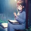 Placeholder: anime girl sitting on a porch swing of an old house, journaling, wearing pajamas, writing in a book, shes watching it rain, more detail on hands and her face,shes deep in her thoughts, wearing glasses, rain drops, she has a pencil in her hand and is writning in the book, she is looking down at what she is writing