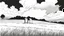 Placeholder: unhinged door, anime, monochrome, black background, ink, simple, maximum quality, broken hinge, barely functioning, centered on frame, far view, in the middle of a grassy hill, white sky with cumulonimbus