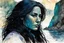 Placeholder: create an ink wash and watercolor print illustration of a raven haired female Salish shaman with finely detailed hair and feminine facial features, along the rocky shore of Vancouver Island , in the comic book art style of Bill Sienkiewicz, Mike Mignola, and Jean Giraud Moebius, finely textured, drawn, colored, and inked, suffused with the dramatic natural light of dawn