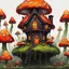 Placeholder: A weird mushroom house with drippy spots and eyeballs on a floating island. black orange red green Detailed gloss Painting, rich color, fantastical, intricate detail, splash screen, hyperdetailed, insane depth, concept art, 8k resolution, trendi