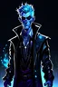 Placeholder: black raincoat, half-elf man, magician, glowing blue hair