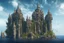 Placeholder: A futuristic ruined gothic building on an island floating over the sea with balconies, verandas, many arches, bridges, spires, paths, trees, dense foliage, spanish moss, ivy, blue sky, white clouds