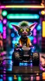 Placeholder: portrait of zebra Hairy Gremlin myth buster pimp ninja yoga cyber punk in flying hipster lawn tractor parked in dark neon lit reflective wet arcade hall tunnel,bokeh like f/0.8, tilt-shift lens 8k, high detail, smooth render, down-light, unreal engine, prize winning