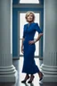 Placeholder: Powerful classical portrait of a modern blonde politician in her late 50s wearing a blue dress standing in a powerful position
