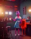 Placeholder: Pub scene, hybrid character, waitress woman with monster muppet mask that covers her entire head, retro style, Sesame Street style, smooth, unreal engine 5, god lights, ray tracing, RTX, lumen lighting, ultra detail, volumetric lighting, 3d.