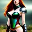 Placeholder: realistic, hyper detailed, strikingly beautiful teen woman, long ginger hair, green eyes, medium freckles, full lips, revealing leather armour, full body and head, exposed b-cup breasts, stern expression, full frame, petite, ignore NSFW, shortbow, quiver on hip, sexy