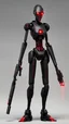 Placeholder: A B1 battle droid, feminine in appearance and athletic in figure. Her body is robotic and presents a feminine figure. The color of its body is black with red parts. He holds a laser submachine gun in his hands and has a black hooded cape as clothing.