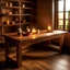 Placeholder: Generate an image of a table with wooden shelves and a warm, inviting atmosphere. The table should be well-lit with soft, natural lighting The background should be slightly blurred.