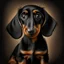 Placeholder: Disney style picture of a black and tan short hair dachshund puppy of 7 months. more black than tan, symmetric