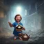 Placeholder: A teapot is shining and a laughing child is looking at it. The child’s image is reflected inside the teapot and behind the child is the reflection of a destroyed city.